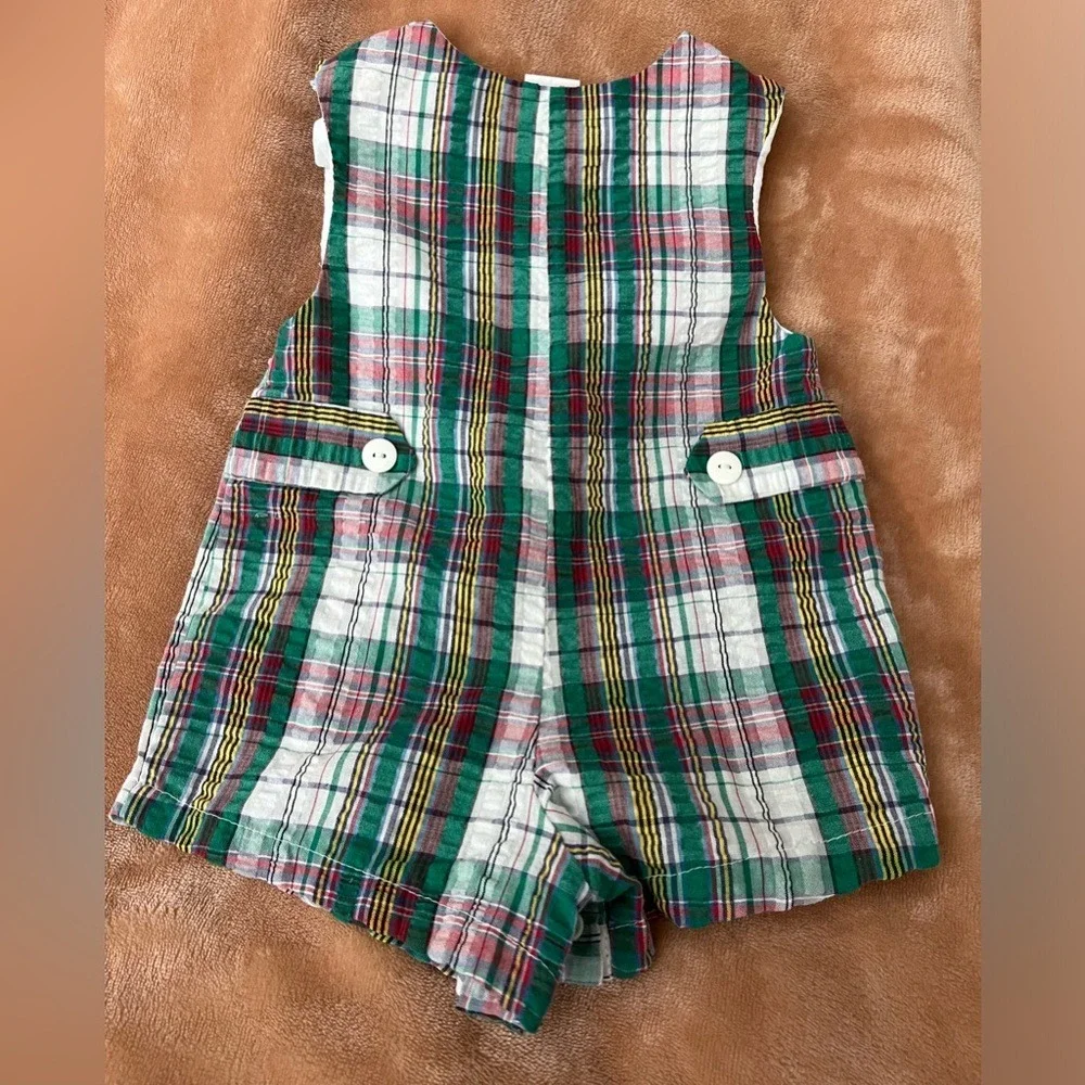 Vintage Baby Boy Plaid Shortall Romper Animal Train Applique Green 3-6 Months